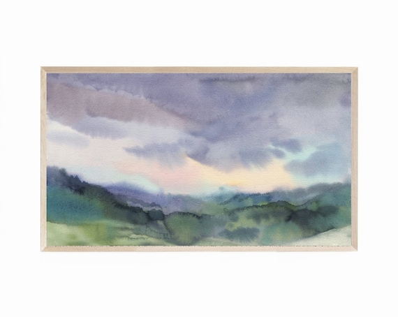Samsung Frame TV Art Spring Watercolor Landscape with Green Hills & Cloudy Skies, Spring Frame TV Art, Spring Landscape in Watercolor