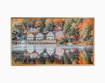 Frame TV Art Autumn Picturesque Town Landscape & Reflection, Samsung Frame TV Art Fall Landscape, Samsung Frame TV Artwork Fall Landscape