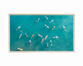 Samsung Frame TV Art Aerial View of Crystal Blue Ocean with Surfers, Frame TV Art Tropical, Surfing Digital Tv Download, Summer TV Art