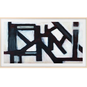 May include: Abstract painting with a white background and black and dark red geometric shapes.