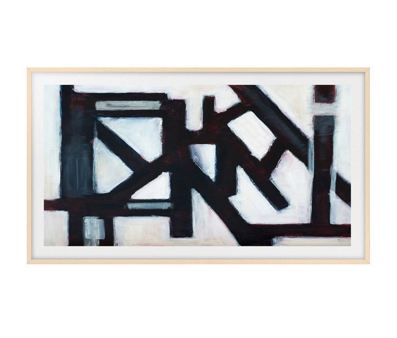 May include: Abstract painting with a white background and black and dark red geometric shapes.