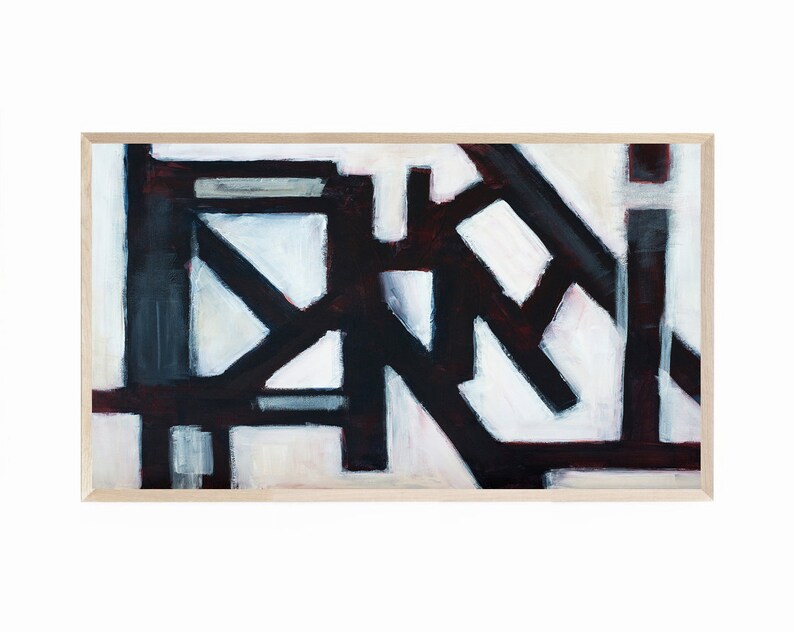 May include: Abstract painting with a white background and black and dark red geometric shapes.