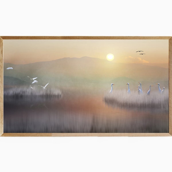 Peinture de paysage d'automne hypnotique avec des aigrettes dans un marais pour le téléviseur Samsung Frame