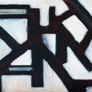 May include: Abstract painting with a white background and black and dark gray geometric shapes.