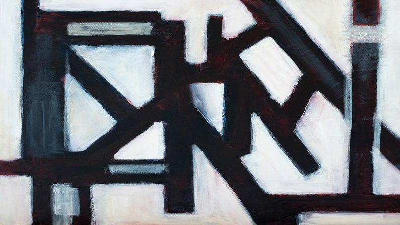 May include: Abstract painting with a white background and black and dark gray geometric shapes.
