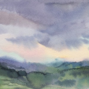 May include: Watercolor painting of a landscape with a cloudy sky and rolling hills. The sky transitions from purple to light blue, with hints of pink and yellow. The hills are green and blue.