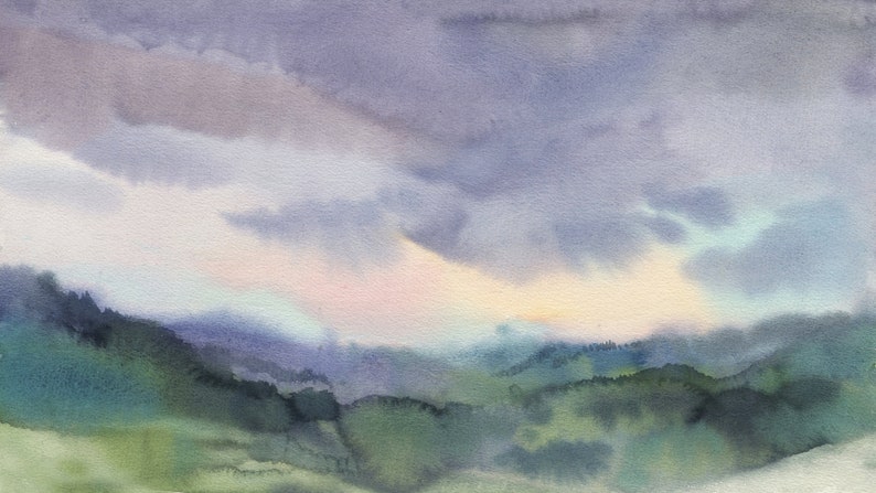 May include: Watercolor painting of a landscape with a cloudy sky and rolling hills. The sky transitions from purple to light blue, with hints of pink and yellow. The hills are green and blue.