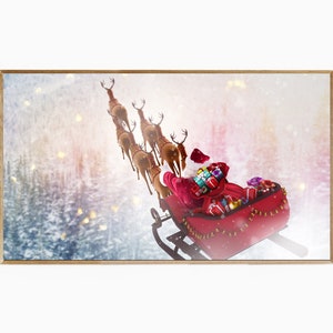 Samsung Frame TV Art Christmas, Santa with Reindeer, Frame TV Artwork Santa and Reindeer, Santa and His Sleigh with Reindeer, Santa TV Art