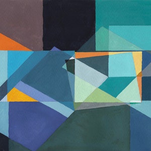 May include: Abstract geometric painting with overlapping shapes in shades of blue, green, orange, and yellow. The artwork features a variety of geometric forms, including squares, rectangles, and triangles, creating a layered and dynamic composition. The color palette is cool and muted.