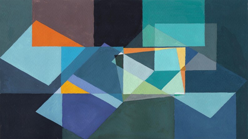 May include: Abstract geometric painting with overlapping shapes in shades of blue, green, orange, and yellow. The artwork features a variety of geometric forms, including squares, rectangles, and triangles, creating a layered and dynamic composition. The color palette is cool and muted.