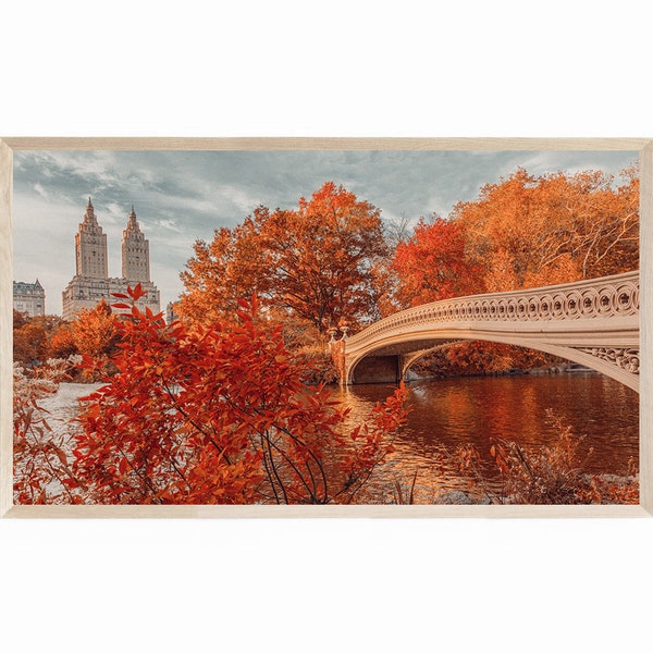 Frame TV Art Fall Foliage & Central Park Bridge at Sunset, Samsung Frame TV Art New York, Frame Tv Art Fall in NYC, Fall in New York Tv Art