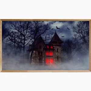 Samsung Frame TV Art Halloween Haunted House with Sinister Red Light in Windows, 4k Frame TV Art Halloween, 4k TV Frame Art Halloween Decor