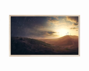 Samsung Frame TV Art Easter, Christian TV Art, Christian Three Crosses on Hill, Resurrection TV Art, Religious Easter Art for Frame Tv