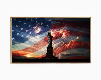 Samsung Frame TV Art 4th of July Statue of Liberty & Fireworks, Frame TV Art Happy 4th of July, Frame TV Art American Flag, 16:9 New York