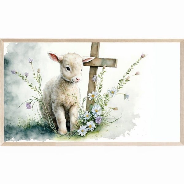 Christian Easter Lamb & Cross for Samsung Frame TV, Samsung Frame TV Art Christian Easter Watercolor