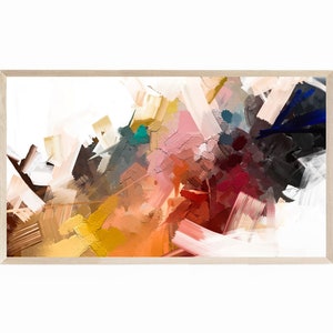 May include: Abstract painting with a white background and colorful brushstrokes in shades of red, orange, yellow, brown, blue, and green.