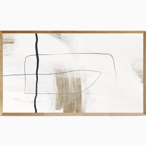 May include: Abstract art print with a white background and brown and black lines. The print is framed in a light wood frame.