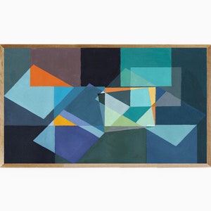 May include: Abstract geometric painting in a wooden frame. The artwork features overlapping shapes in shades of blue, teal, orange, and gray. The composition is a modern, colorful design.