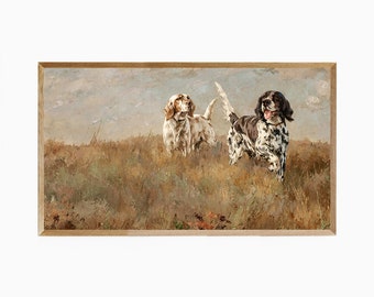 Samsung Frame TV Art Vintage Bird Dogs Painting, Antique Fall Landscape with Hunting Dogs Spaniel & Retriever, Hunting Dogs Frame TV Art