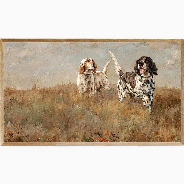 Samsung Frame TV Art vintage Bird Dogs Painting, Antique Fall Landscape with Hunting Dogs Spaniel & Retriever, Hunting Dogs Frame TV Art