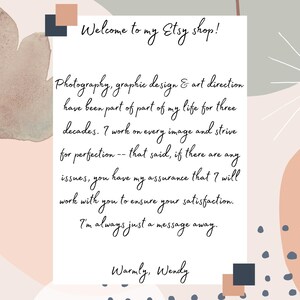 May include: A digital art piece with a soft, pastel color palette. The text "Welcome to my Etsy shop!" is at the top, followed by a description of photography, graphic design, and art direction services. The artist, Wendy, signs off with a warm message.