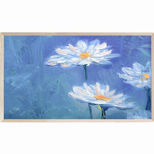 Samsung Frame TV Art Spring Flower, Floral Frame TV Art, White Daisy with Blue Background, Spring TV Art, Frame Tv Art Flower Oil Painting
