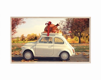 Samsung Frame TV Art Thanksgiving Fun, Thanksgiving Humor with Oversized Turkey on Top of Car, Frame TV Art Thanksgiving, Thanksgiving Fun