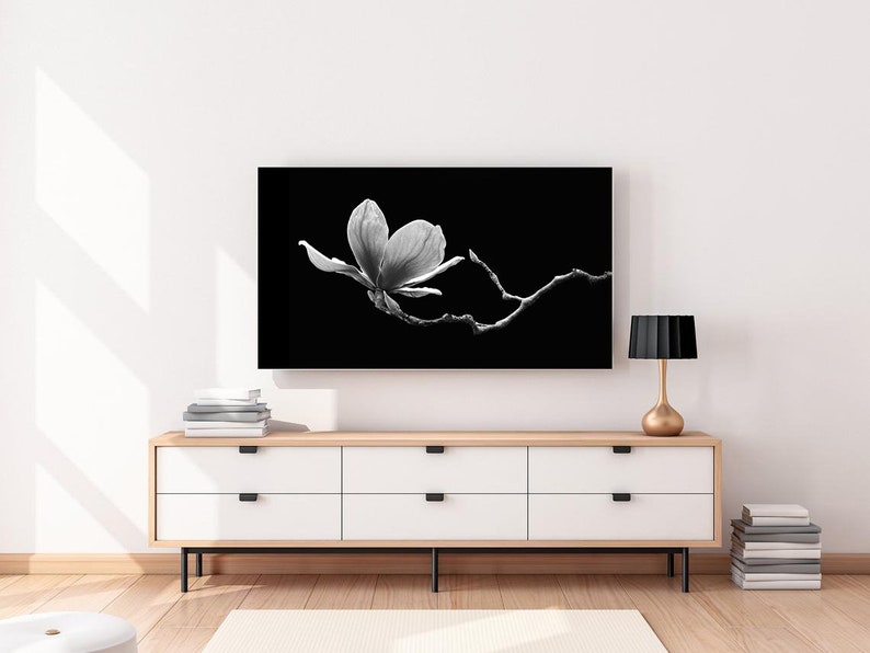 May include: A black and white photograph of a single magnolia flower on a branch against a black background. The photo is displayed on a television screen above a white dresser with four drawers.