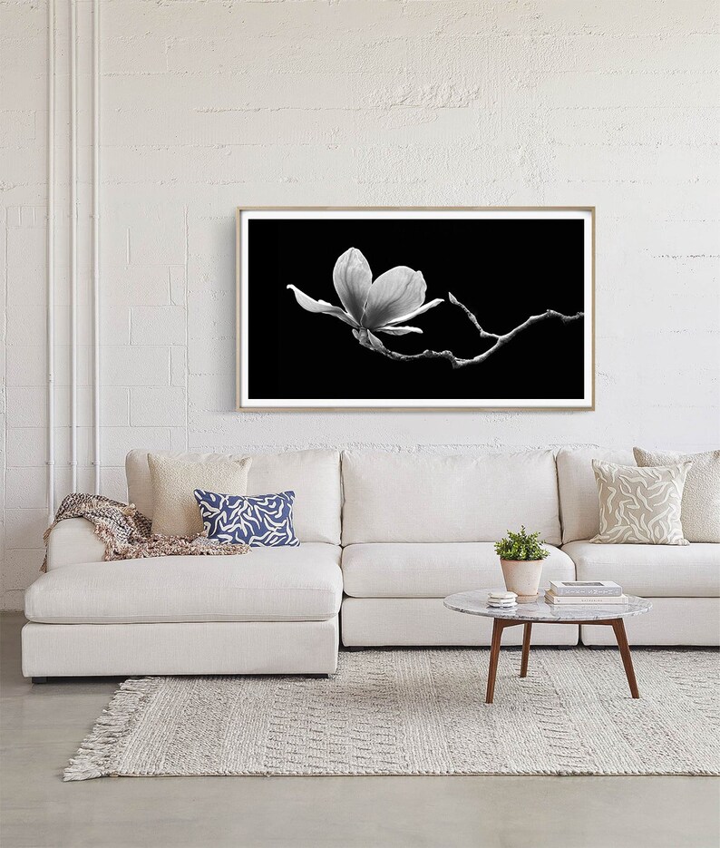 May include: A black and white photograph of a single magnolia flower in bloom against a black background. The flower is delicate and graceful, with petals that are slightly curled at the edges. The image is framed in a light wood frame and is hanging on a white wall above a white sectional sofa.