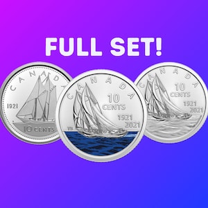 Set of 3 Canada 100th Anniversary of Bluenose Commemorative Collector Keepsake Coloured Dime, Lot of 3, Ten Cent Colorized Coin, Canadian BU