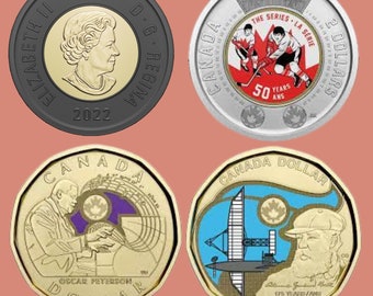 Canadian Coin Set, Gift Set, New 2022 Honouring Queen Elizabeth II Black Toonie, Alexander Graham Bell, Oscar Peterson, Canada Hockey Summit