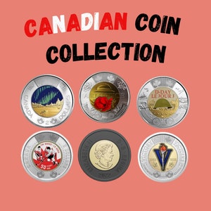Canada 6 Coloured Coin Collection Set - 2022 Black Ring Toonie - 2017 Northern Lights - Summit Hockey Series - Armistice +  Canadian Gifts