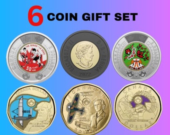 6 Coin Set, Canadian Collectors Gift Set, Coloured Uncirculated Coins, Black Ring Toonie, Coin Collection Starter Kit, History Commemorative