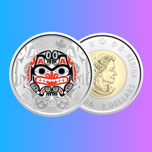 2020 Canadian 2 Dollar Bill Reid Coin, Xhuwaji, Haida Grizzly Bear Coloured Toonie Coin, Rare Canada Collectors Coins, Canadian Gift, Unc BU