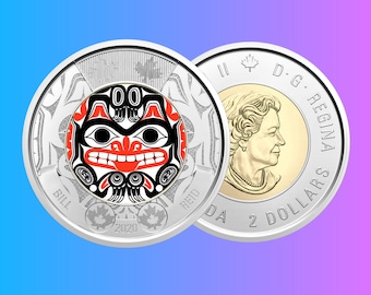 2020 Canadian 2 Dollar Bill Reid Coin, Xhuwaji, Haida Grizzly Bear Coloured Toonie Coin, Rare Canada Collectors Coins, Canadian Gift, Unc BU