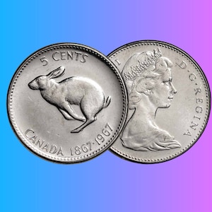 1967 Canada Nickel 5 Cents Rabbit Coin BU, Canadian Vintage Circulation Coin, Rare Collectors Gift, Collection Coins, Rabbit Five Cent Coin