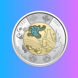 Canadian Discovery of Insulin 100th Anniversary Coloured Toonie Coin, 2 Dollar Canada Gift Coin, Coloured Collectors Two Dollar Uncirculated