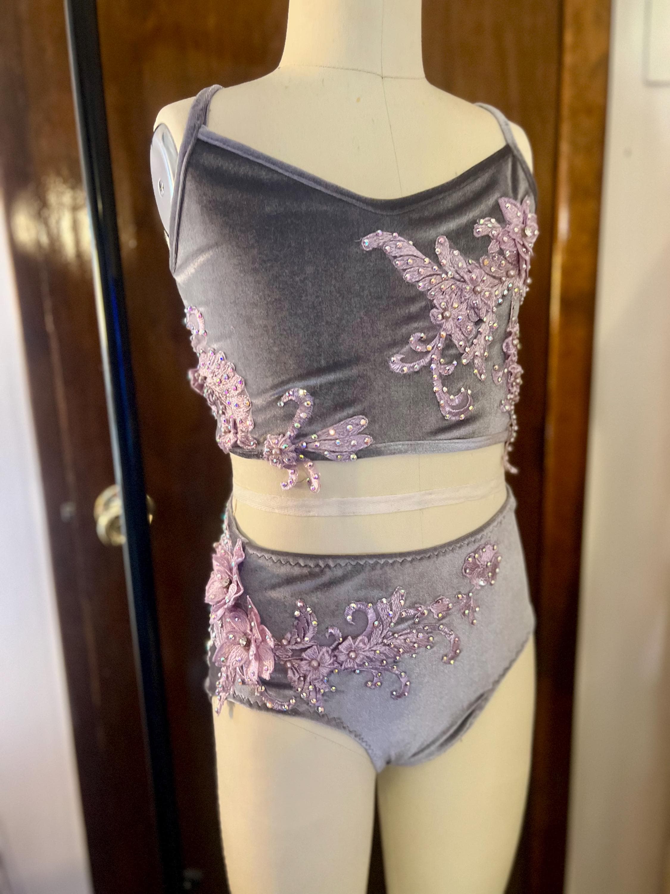 Luxury Silver Velvet Lyrical Dance Costume Hand-Stoned Two Piece Contemporary Costume- Kids size 10