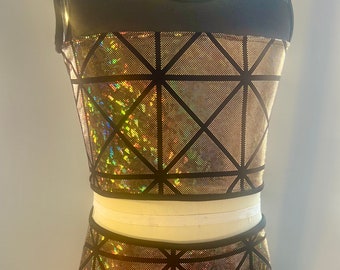 Impresionante traje de baile dorado personalizado de dos piezas