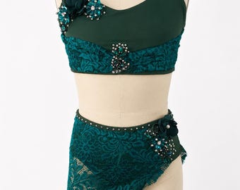Emerald Lace Two-Piece Dance Costume | Lyrical Costume | Contemporary Dancewear | Custom Competition Costume