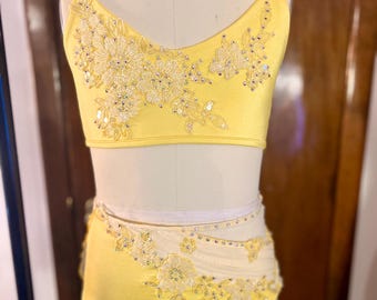 Yellow Custom Dance Costume | Hand-Stoned Two Piece Contemporary/ Lyrical/ Jazz- Youth Size 10