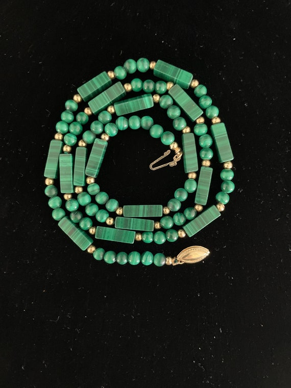 14K Gold Malachite Bar and Ball Necklace 22.5 inch - image 2