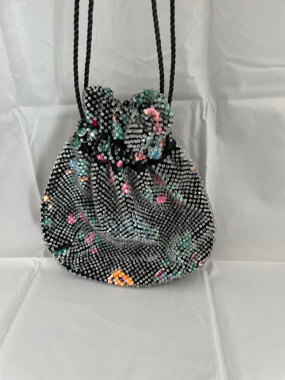 Vintage Drawstring Black Mesh Plastic Beaded Buck… - image 2