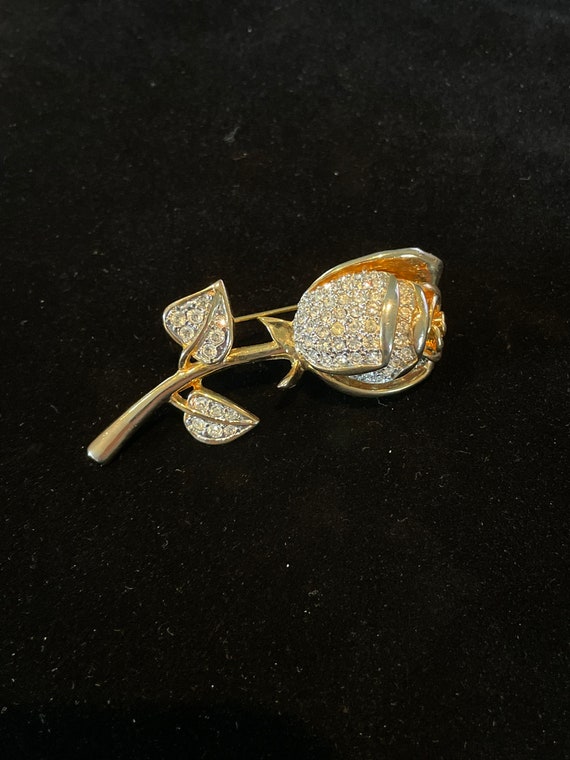 Midcentury Rose Bud Brooch Pin Gold Tone Crystals 