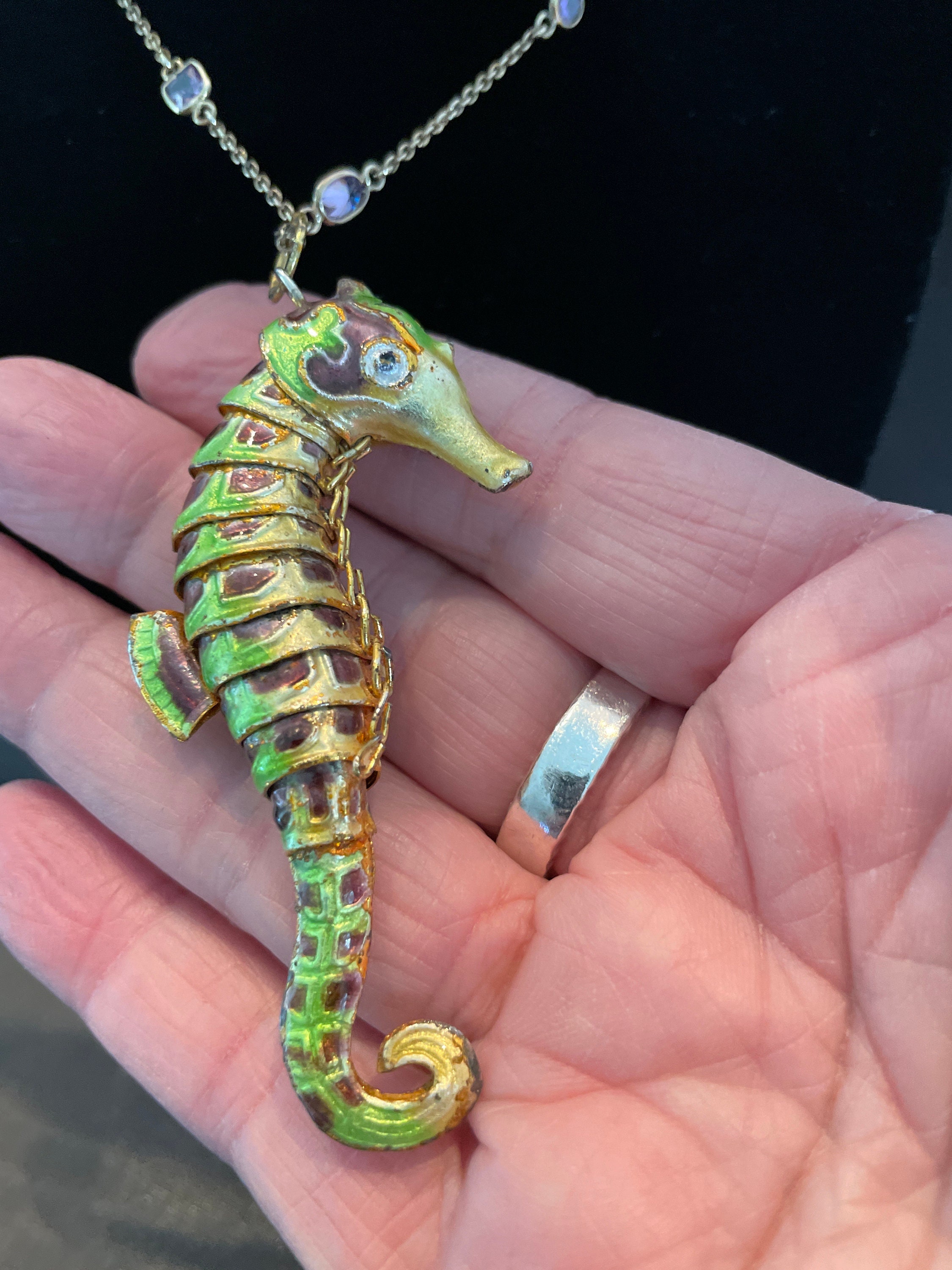 Vintage Enamel Seahorse Pendant Necklace Articulated Purple Green and