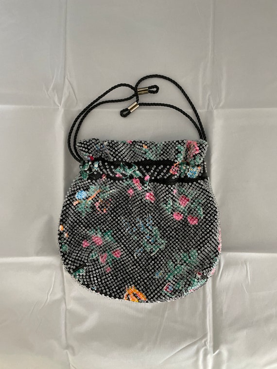 Vintage Drawstring Black Mesh Plastic Beaded Bucket Bag 