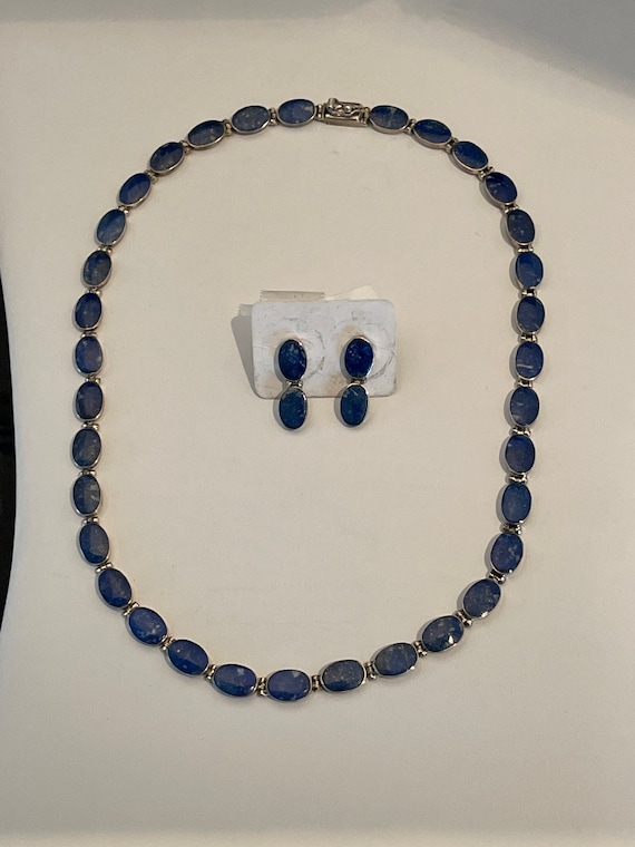 Sterling Lapis Lazuli Necklace and Earrings Oval … - image 1
