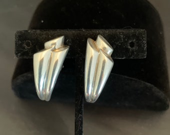 Mexico Sterling Silver Clip On Vintage Earrings Modernist Mid Century