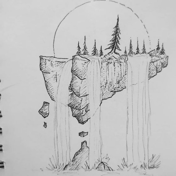 Floating Island With Trees and Waterfall Sketch - Etsy