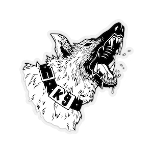 Op de afbeelding: Zwart-witte illustratie van een grommende hond met een halsband waarop "K9" staat.